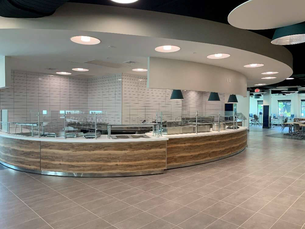 The wood counter at St Thomas Dining Center