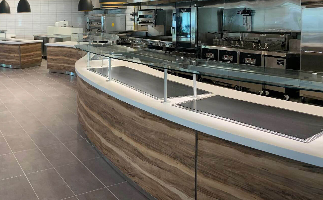 The wood counter at St Thomas Dining Center